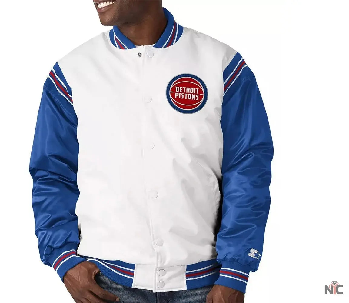 White/Blue Detroit Pistons Renegade Varsity Satin Jacket Clanton Jacket