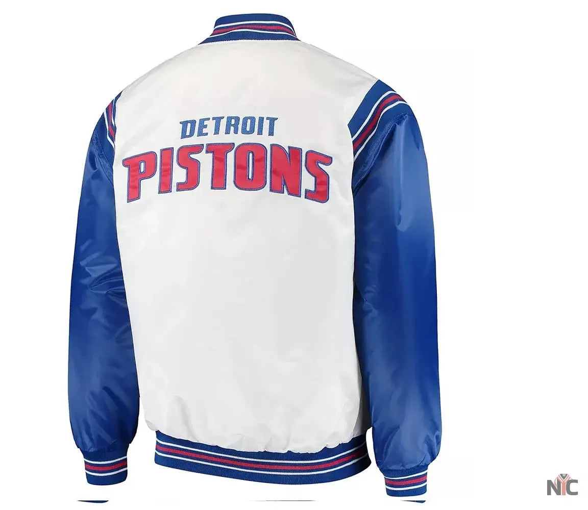 White/Blue Detroit Pistons Renegade Varsity Satin Jacket Clanton Jacket