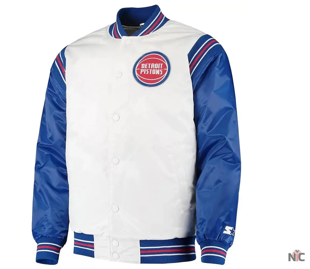 White/Blue Detroit Pistons Renegade Varsity Satin Jacket Clanton Jacket