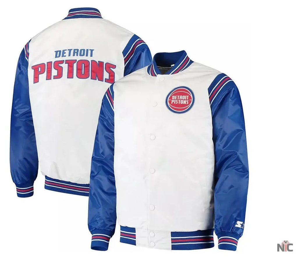 White/Blue Detroit Pistons Renegade Varsity Satin Jacket Clanton Jacket