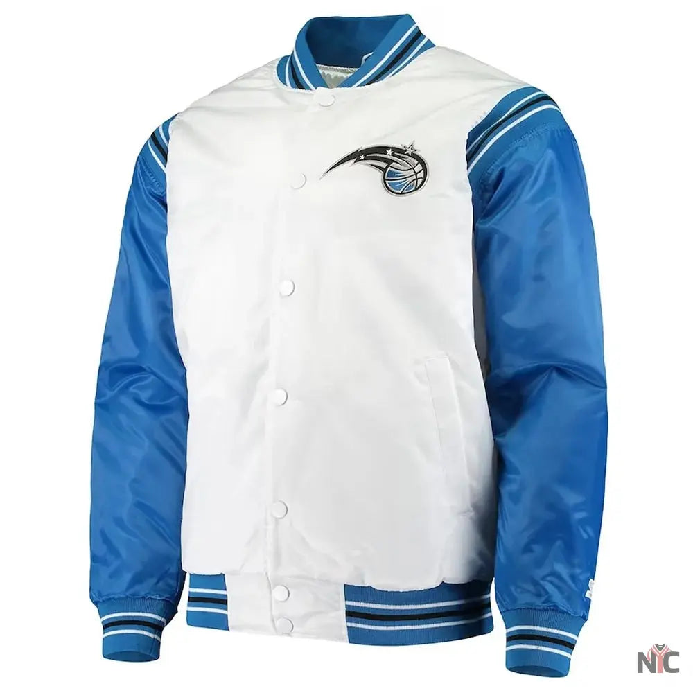 White and Blue Orlando Magic Renegade Varsity Satin Jacket Clanton Jacket