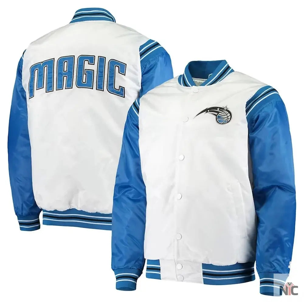 White and Blue Orlando Magic Renegade Varsity Satin Jacket Clanton Jacket