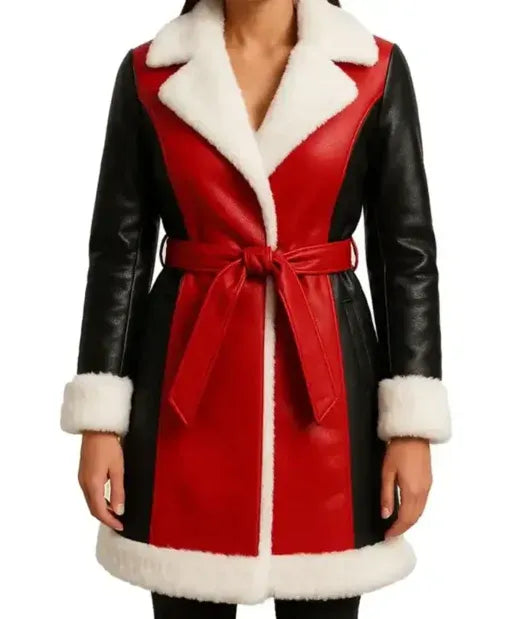 Women Red and Black Leather Shearling Coat