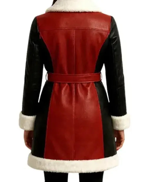 Women Red and Black Leather Shearling Coat
