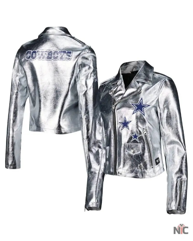 Women’s Dallas Cowboys The Wild Collective Silver Studded Full-Zip Leather Jacket Clanton Jacket