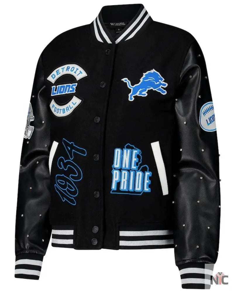 Women’s The Wild Collective Black Detroit Lions Sparkle Full-Snap Varsity Jacket Clanton Jacket