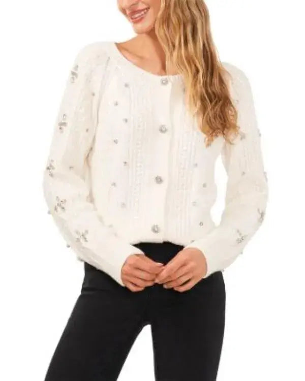 Women’s Rhinestone Cable Knit White Cardigan