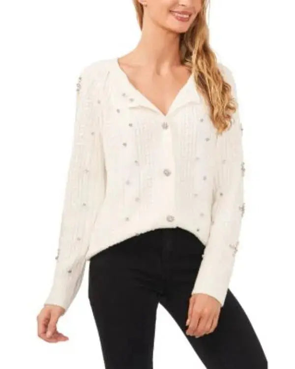 Women’s Rhinestone Cable Knit White Cardigan