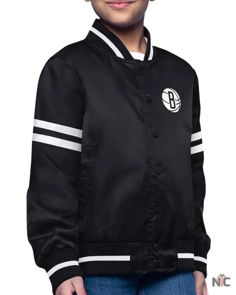 Youth Brooklyn Nets Starter Black Printed Logo Varsity Satin Full-Snap Jacket Clanton Jacket