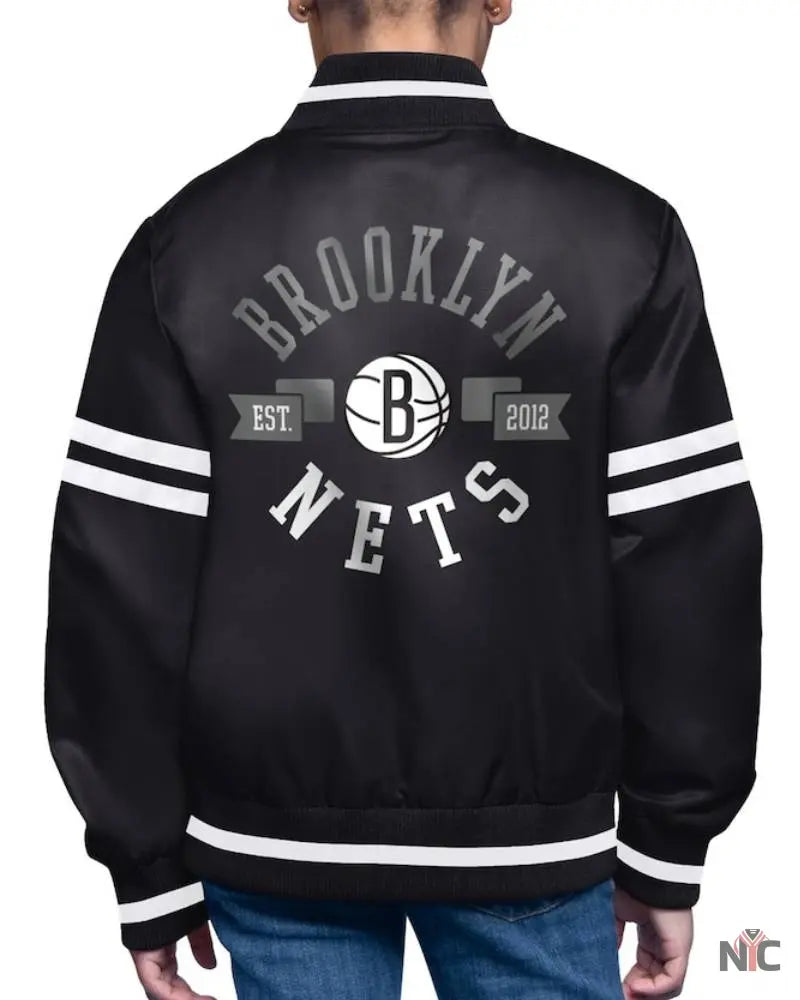 Youth Brooklyn Nets Starter Black Printed Logo Varsity Satin Full-Snap Jacket Clanton Jacket