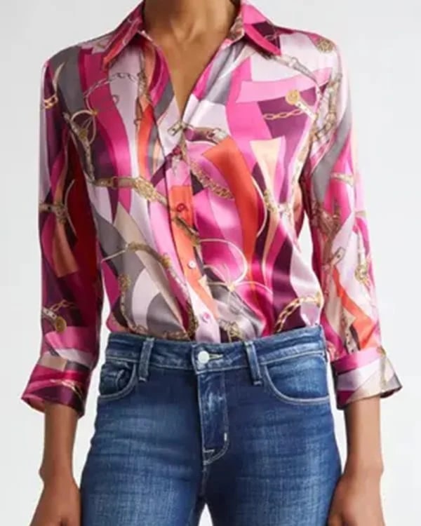 The Talk Natalie Morales Pink Silk Printed Shirt Clanton Jacket