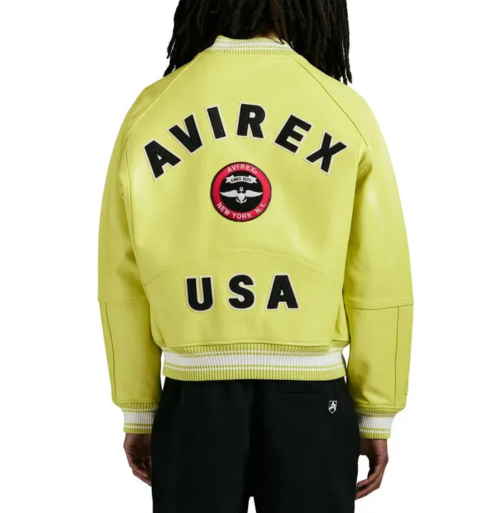 Avirex Inspired Light Green Leather Varsity Jacket