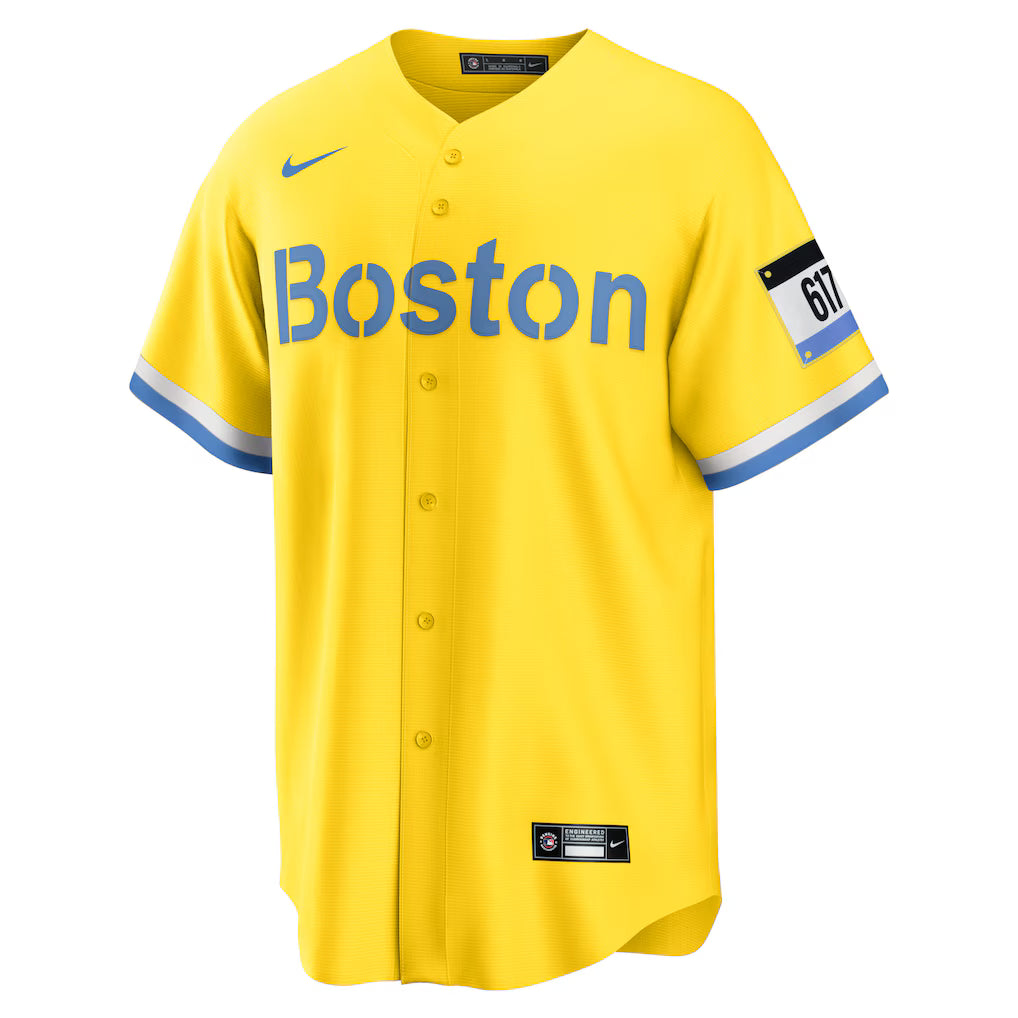 Men's Boston Red Sox Rafael Devers Nike Gold/Light Blue City Connect Replica Player Jersey Kansas Jacket